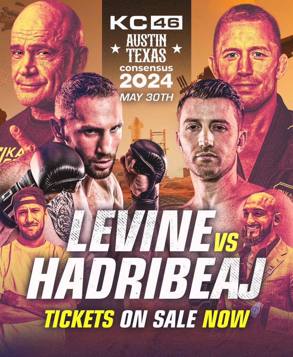 Tickets are now on sale for #KC46! 🎟️ Catch the middleweight championship battle between @rossTURBOlevine and Adrian Hadribeaj at Consensus 2024 in Austin, Texas. The action unfolds on May 30th at 6PM CT. Don’t miss out—click the link in our bio for tickets!