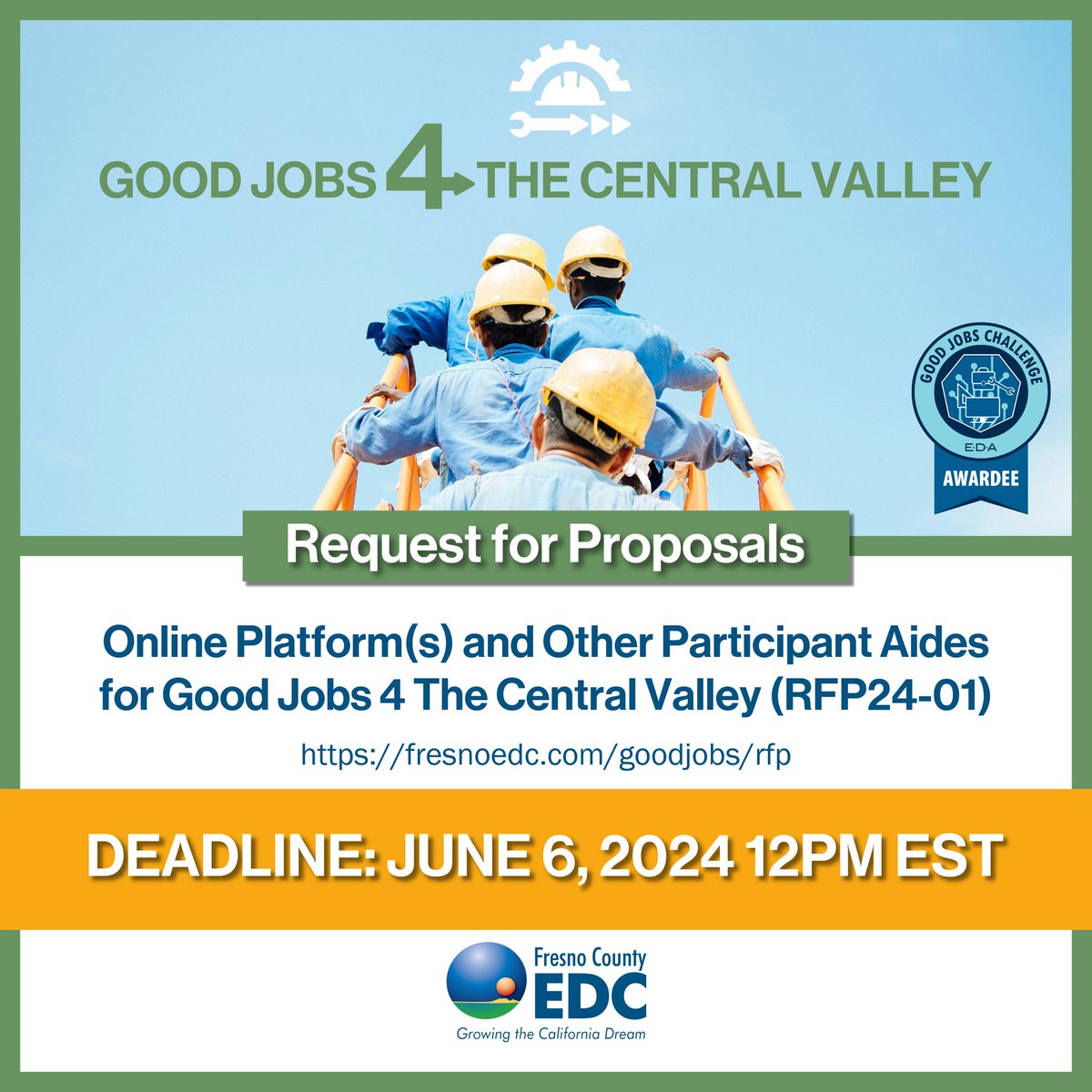 The Fresno County EDC is seeking proposals for online platform(s) and other participant aides for Good Jobs 4 the Central Valley. Please visit fresnoedc.com/goodjobs/rfpto read the full RFP and apply by June 6th, 2024 at 12PM PT.