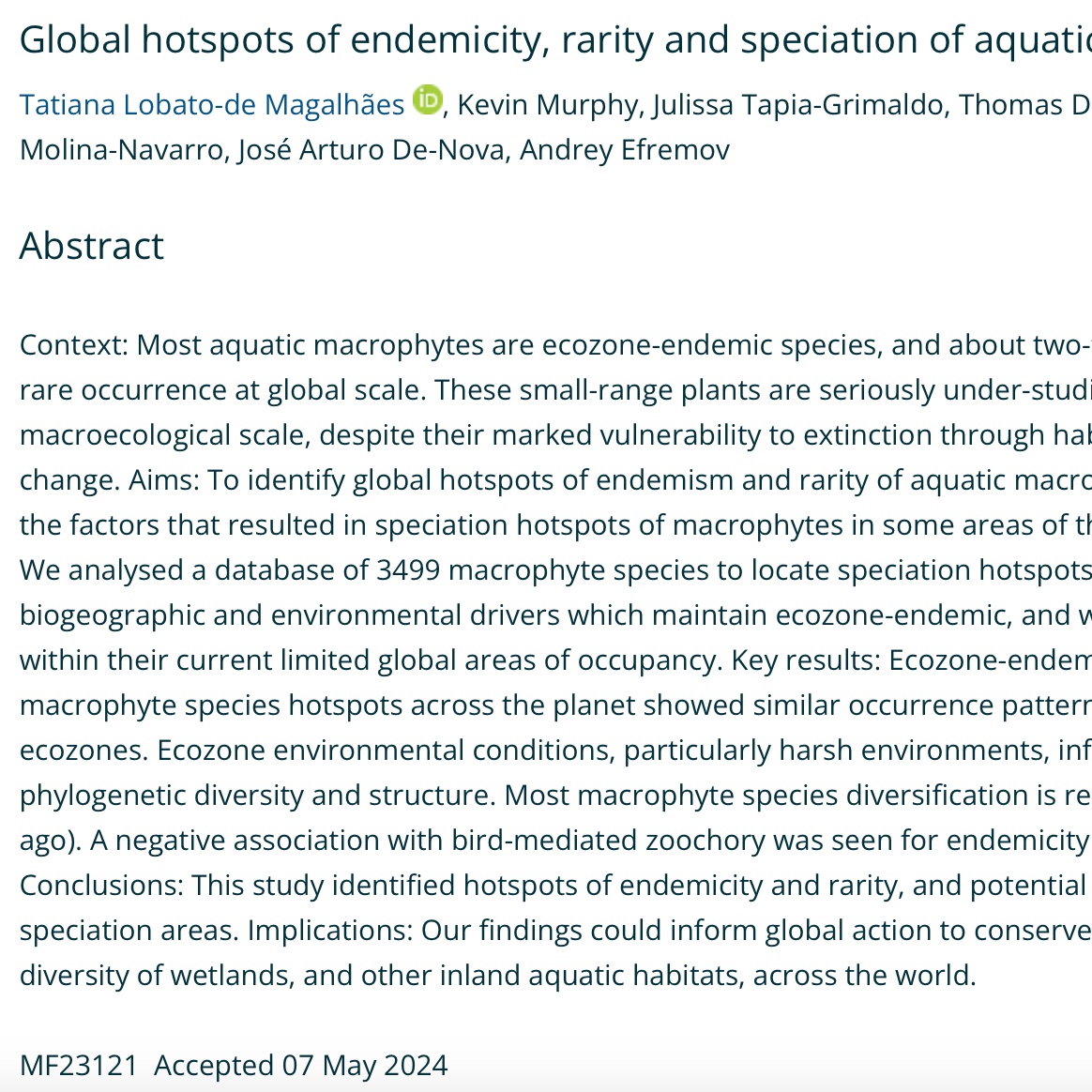 Just accepted!! Global hotspots of endemicity, rarity and speciation of aquatic macrophytes publish.csiro.au/MF/justaccepte… 
#MarineFreshwaterRes
