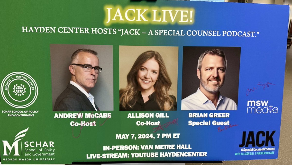 DavidIRamadan's tweet photo. #HappeningNow @mvhaydencenter @ScharSchool : JACK, A Special Counsel Podcast w @allisongill  &amp; Andrew McCabe —you can watch live on @YouTube!!

#JACKLIVE 
@LarryPfeifferDC @MarkJRozellGMU 
@GeorgeMasonU https://t.co/NqImCMqgP8