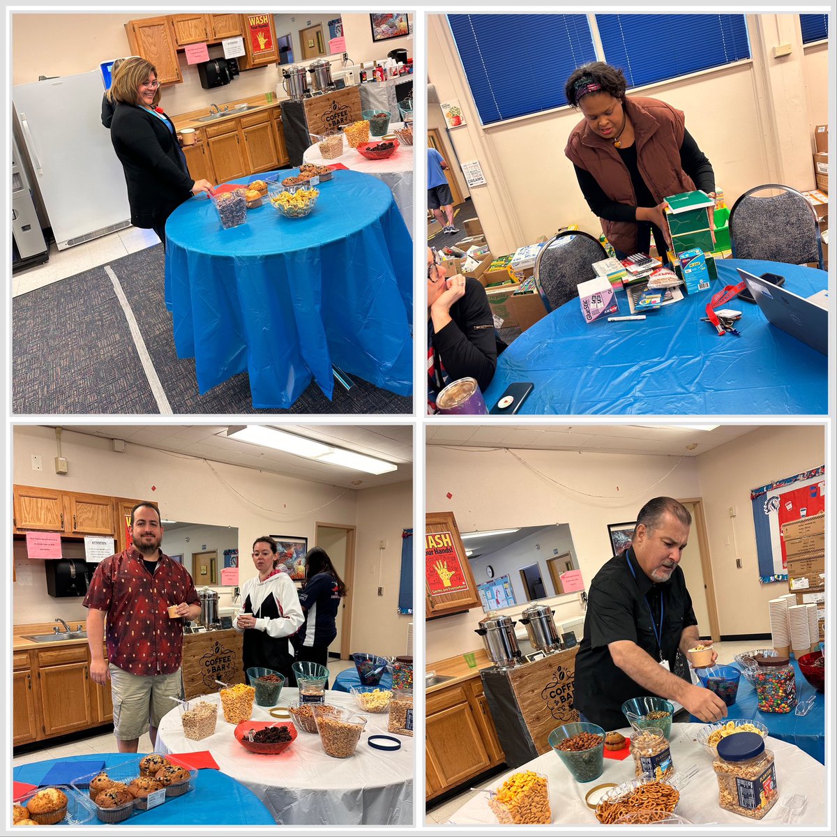 Day 2 of Teacher (Staff) Appreciation Week! We hosted a Trail Mix Bar and the staff dressed like the Superheroes they are! 💙❤️🤍 #teacherappreciationweek #proudprincipal #principallife