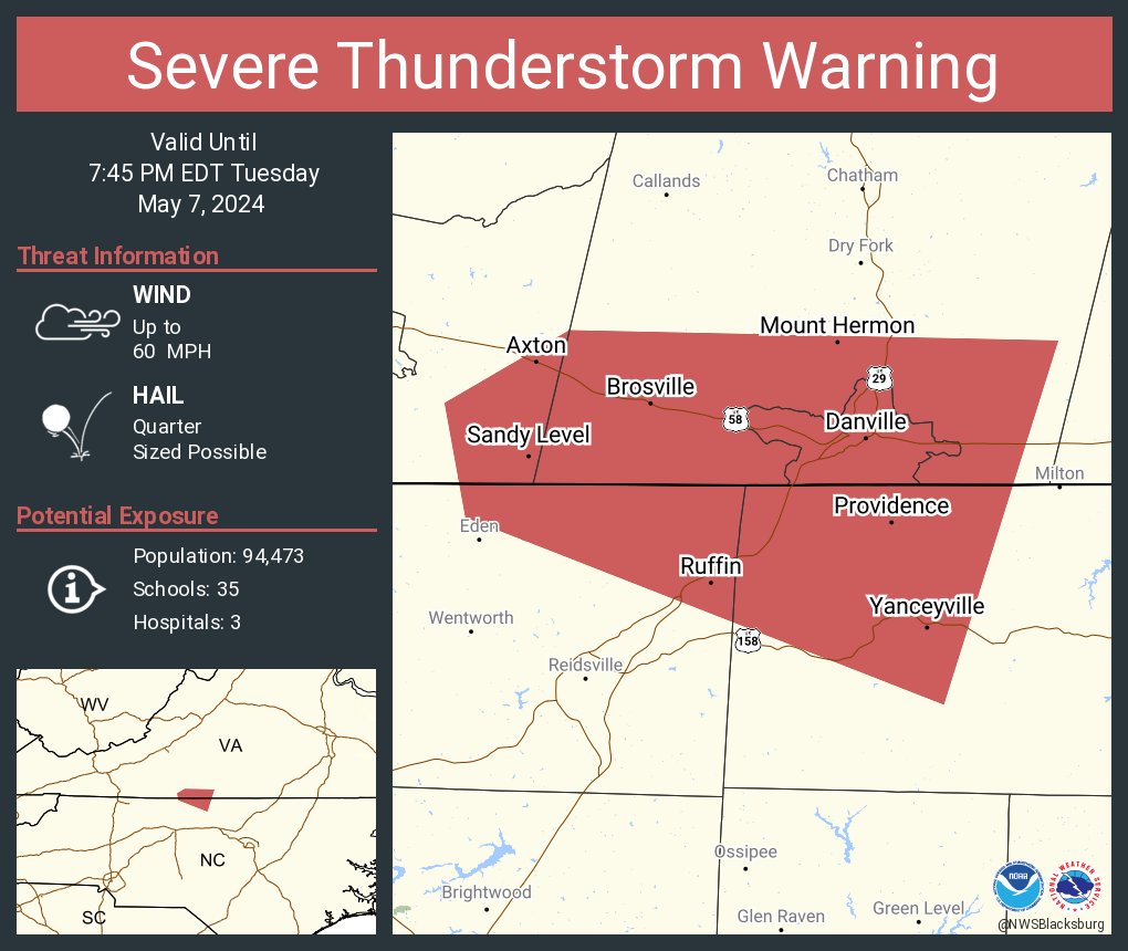 Severe Thunderstorm Warning including Danville VA, Mount Hermon VA and Yanceyville NC until 7:45 PM EDT