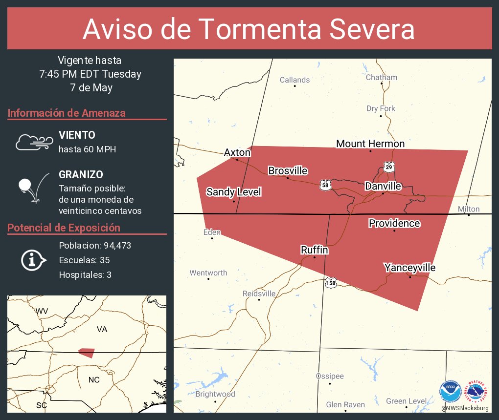 Aviso de Tormenta Severa incluye Danville VA, Mount Hermon VA, Yanceyville NC hasta las 7:45 PM EDT