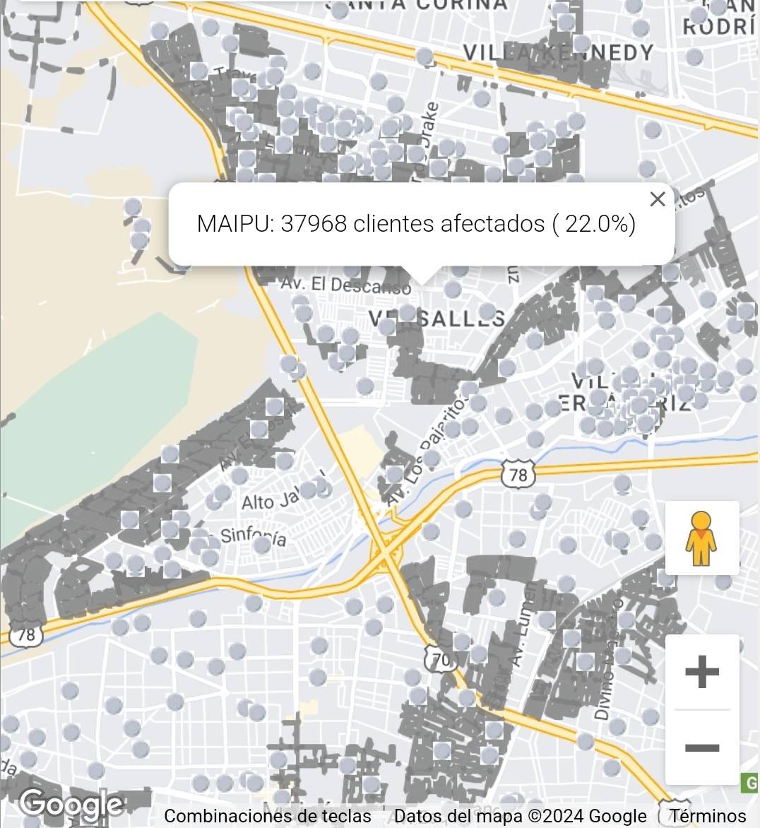 Maipú aún mantiene más de 37.000 clientes (hogares) sin suministro eléctrico. Lo que afecta no solo a viviendas, también el alumbrado público y semáforos de la comuna. Muchas familias están sin luz desde la mañana. Esperamos info y pronta reposición por parte de @EnelChile