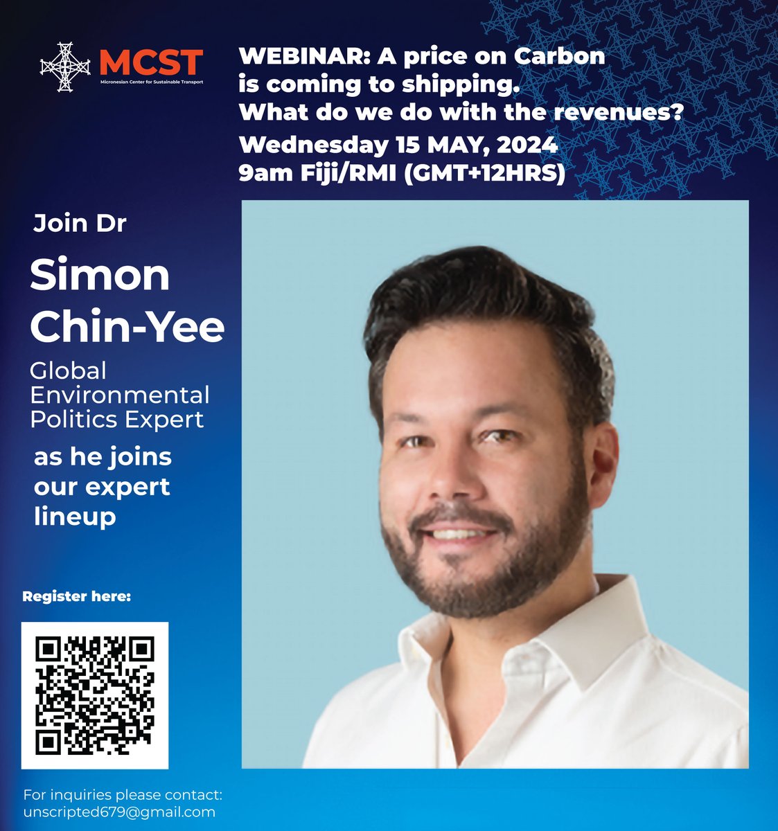 Don't miss Dr. @SimonChinYee, a seasoned expert with over 15 years of dedicated service in international cooperation and policy on Wed May 15, 2024, at 9 am Fiji/RMI time (GMT+12HRS) explore innovative strategies for utilizing carbon revenue. Register now shorturl.at/qADP3