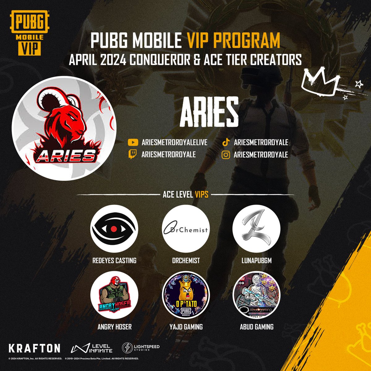 Congratulations to the April 2024 #PUBGMVIP Conqueror Aries! We also want to congratulate our Ace Tier creators @RedEyes_Casting, @DrChemistGaming, @lunapubgm, @Angry_Hoser, Yajd Gaming, & @abud_gaming1! Keep up the phenomenal #PUBGMOBILE content creation!