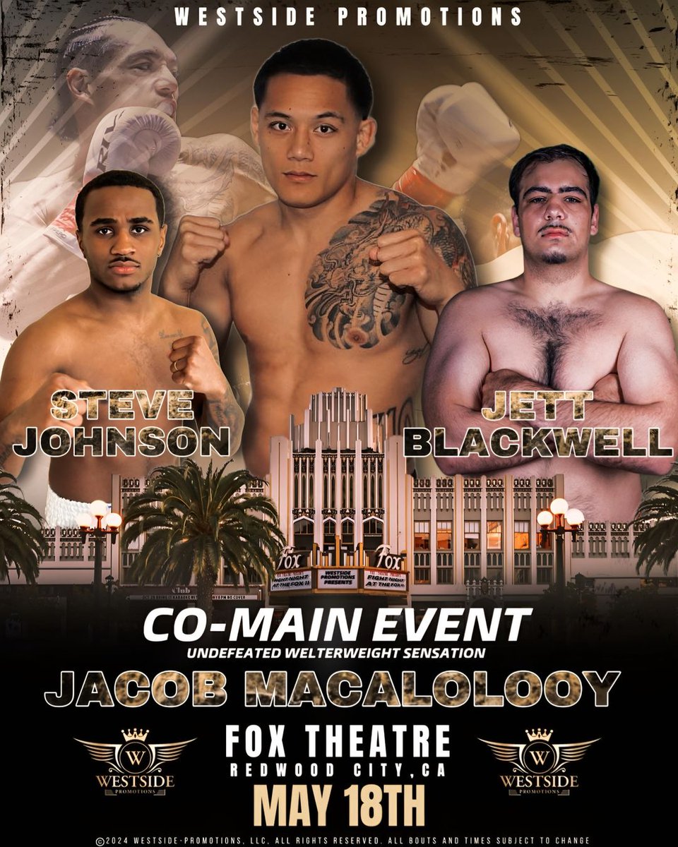 🔥 Fight Night Alert! 🥊 
.
It's Jacob Macalolooy vs. Reggie Harris Jr. - a clash of titans you won't want to miss! 
.
🌟 Join us on May 18th in Redwood City, CA, for an epic showdown!
.
 Are you #TeamJacob? Show your support in the comments!
.
#FightNight #May18 #RedwoodCity