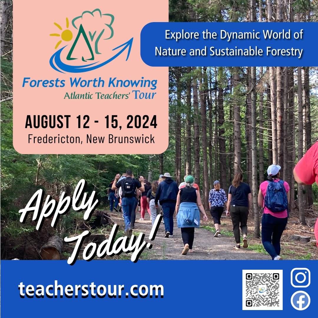TourAtlantic's tweet photo. Educators! A learning adventure awaits - Atlantic Teachers' Tour! Join us Aug 12-15, 2024, Fredericton, NB for hands-on professional learning supported by the Forestry Industry! Enhance teaching skills, connect with peers, and inspire students! Best of all, it's FREE! Apply now! https://t.co/USnzdiOsZP