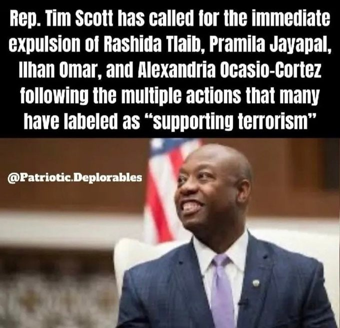 Tim Scott has called for the expulsion of ‘Squad’ members over Hamas ‘propaganda’. We cannot have congress members who take the side of terrorists. There is no middle ground here.