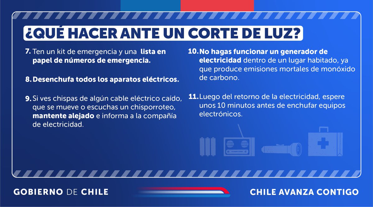 Ante una emergencia, sigue estas recomendaciones de @Senapred y @SEC_cl ⚡ 📲 Recuerda que todas las denuncias por cortes de luz se pueden hacer desde celulares, en sec.cl