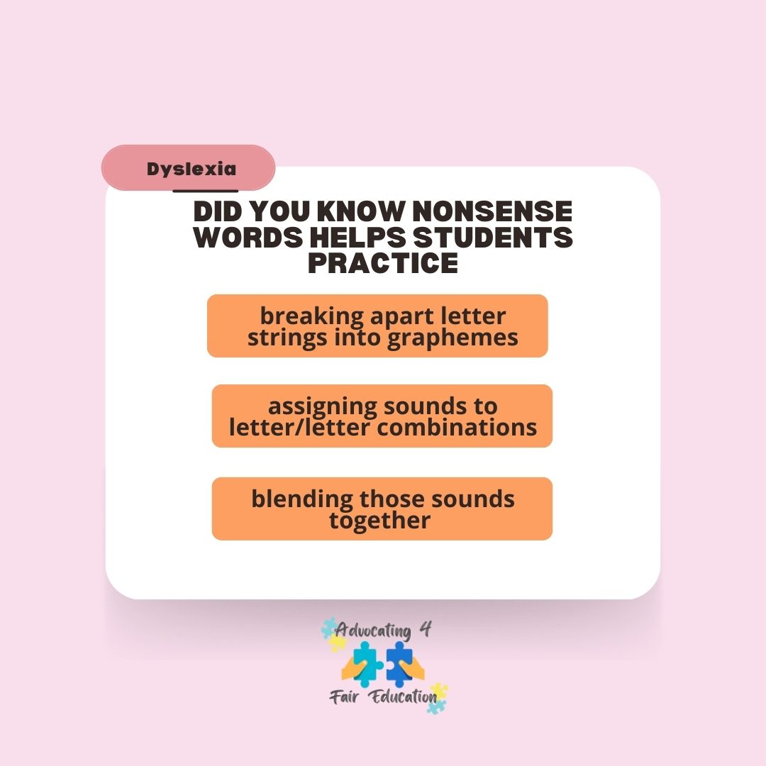 Many of us parents don't get #nonsense words.  Why bother?  We didn't have to read them when we were kids.  There is some valid research behind them and why they help.  

#ReadingAdvocate #DyslexiaAdvocate #OrtonGillingham #ReadingSkills #DecodingWords