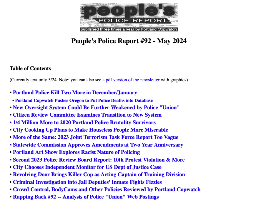 Portland Copwatch just published its 92nd issue of the People's Police Report. portlandcopwatch.org/PPR92/PPR92dex…