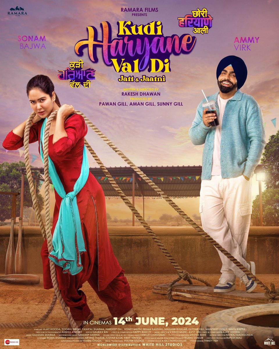 The Jatt & Jaats are here!

#KudiHaryaneValDi #ChoriHaryaneAali releasing in cinemas 14th June, 2024 💥

@AmmyVirk @bajwasonam #AjayHooda @yograjsingh58 @iyashpalsharma #HardipGill 

@rakeshdhawa22427 @PawanGill  @TheSunnyGill1 #ramarafilms #whitehillstudios @zeemusiccompany