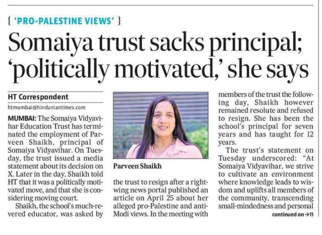 A Muslim school principal in Mumbai was sacked simply because she liked tweets supporting Palestine and critical of BJP.