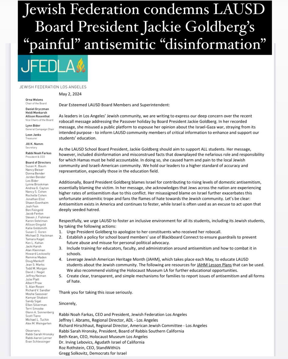 Thank you @JFedLA for condemning LAUSD’s Bd President for illegally using public resources to distribute ugly antisemitic “disinformation” w/ LAUSD parents blaming Jews for antisemitism; this week alone 2 LA synagogues were attacked w/o arrests or condemnation Shame on LA leaders