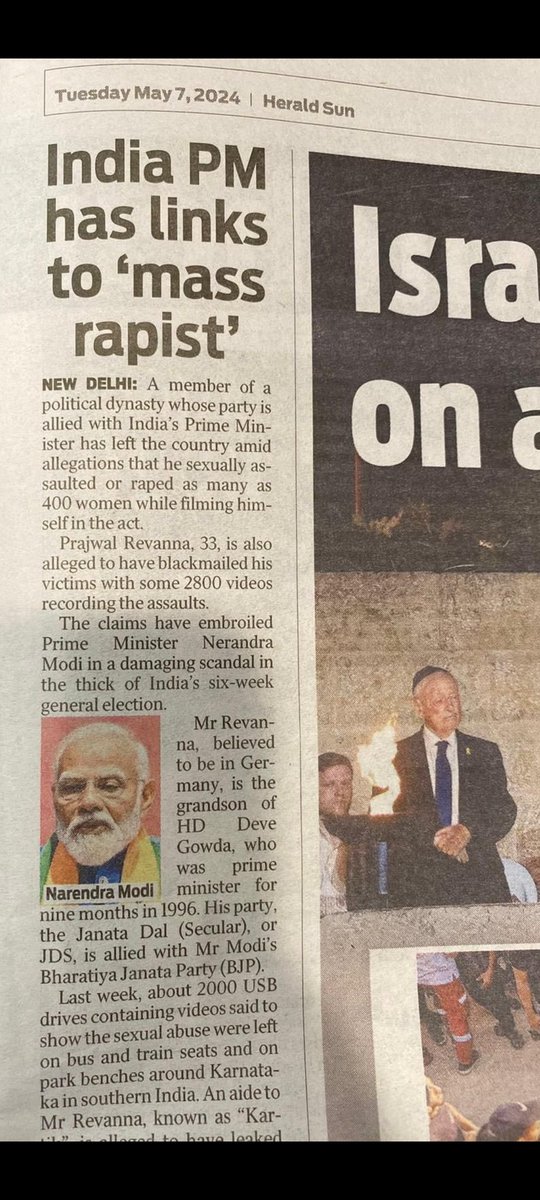 🚨 BREAKING Australia's leading newspaper 'Herald Sun' slams Modi for his alliance with Prajwal Revanna. International embarrassment for Narendra Modi.