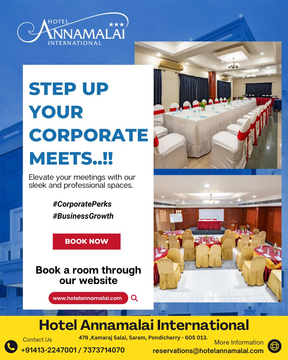 Elevate your meetings with our sleek and professional spaces.

#HotelAnnamalai #HotelannamalaiInternational  #Business #conférence #Official #hotels #meetings #luxury #meetinghall #corporateevents #corporatemeetings #Celebrations  #WorkAndWanderlust #BusinessAndCozyLiving