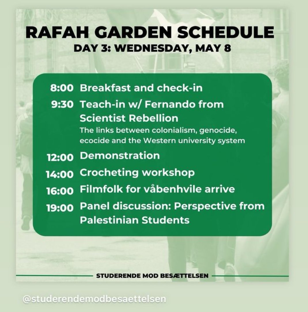Today, @ScientistRebel1 is giving a teach-in at the liberated Rafah Garden in the University of Copenhagen, CSS Campus, on the links between colonialism, genocide, ecocide and the Western university system. Come one, come all! And Free Palestine!