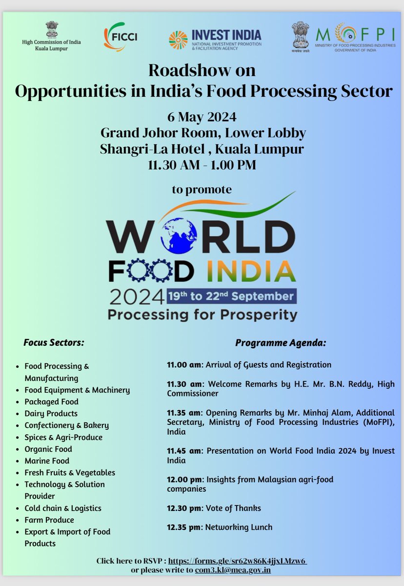 Malaysian Businesses in Food and Beverage sector, nutraceuticals, cocoa, coconut milk manufacturing, and others participated in the Roadshow held on 6 May 2024 at Kuala Lumpur in collaboration with @MOFPI_GOI , @investindia and @ficci_india 
@MEAIndia 
@IndianDiplomacy 
@DoC_GoI…