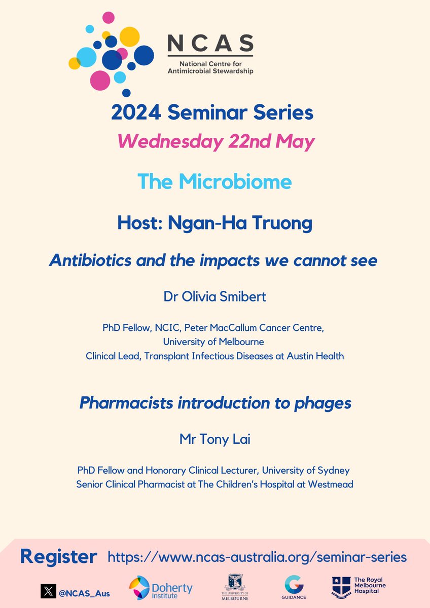 #NCASSeminarSeries for May is all about the #microbiome , hosted by @Guidance_RMH Implementation Lead Pharmacist @nganhatruong Dr @livbadiv will present on the unseen impacts of antibiotic use @tonylai_ will provide an introduction to #phage therapy Register here:…
