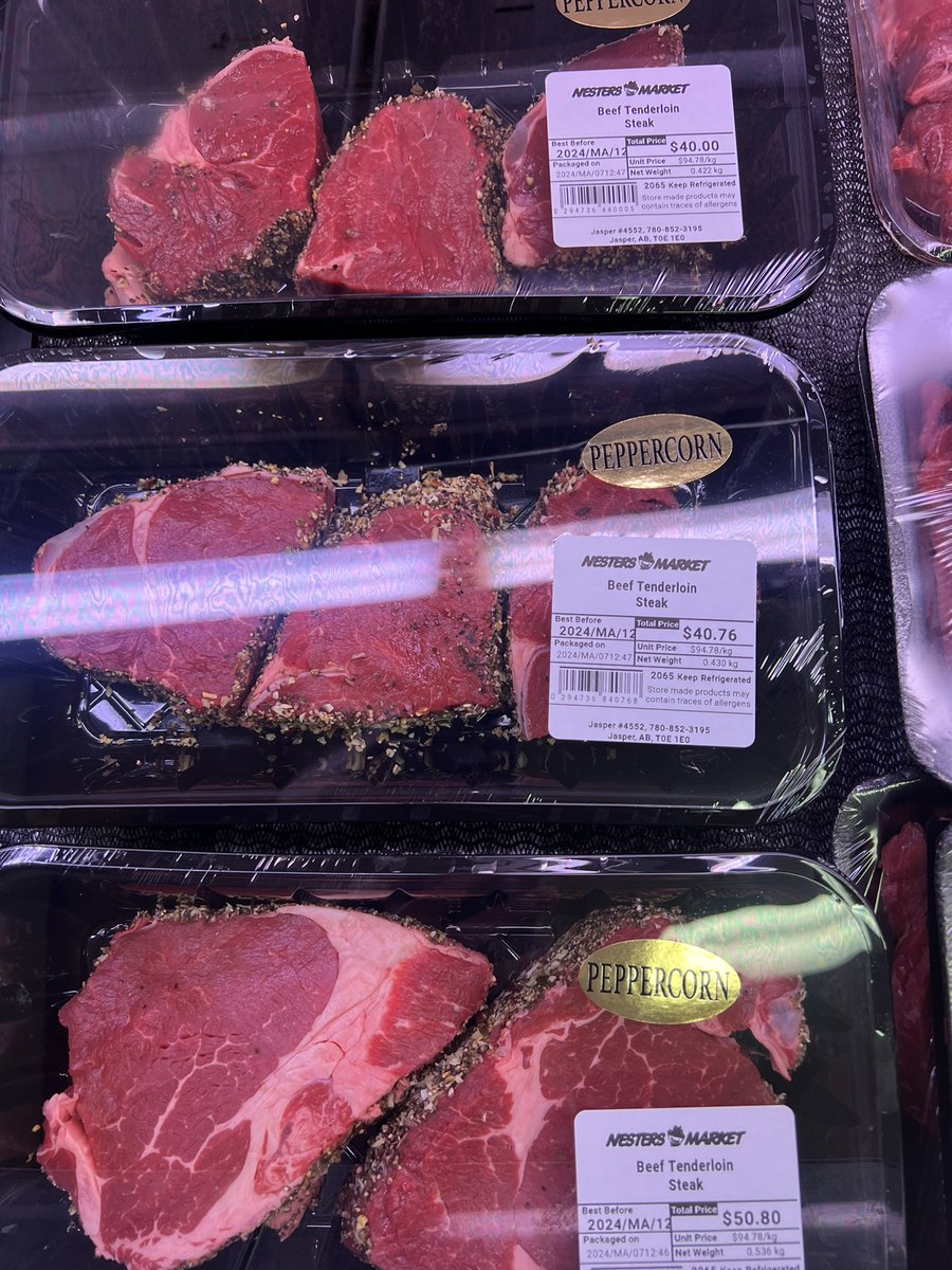 Beef Tenderloin is $94.78/kg today in Jasper, AB. Is anyone actually buying it at this price or will it end up in our food recovery program? I guess the tourists can afford it. Doesn’t even look like tenderloin to me.  Ground beef will have to do. #grocery #canada #Albertabeef?!