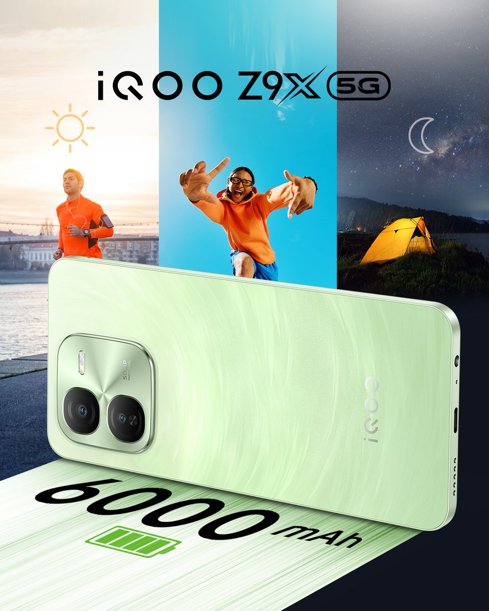 Morning jog? Check. ✅ Late-night jam session? Double-check! ✅✅ Never worry about low battery again. The #iQOOZ9x will keep you powered up round the clock. #FullDayFullyLoaded