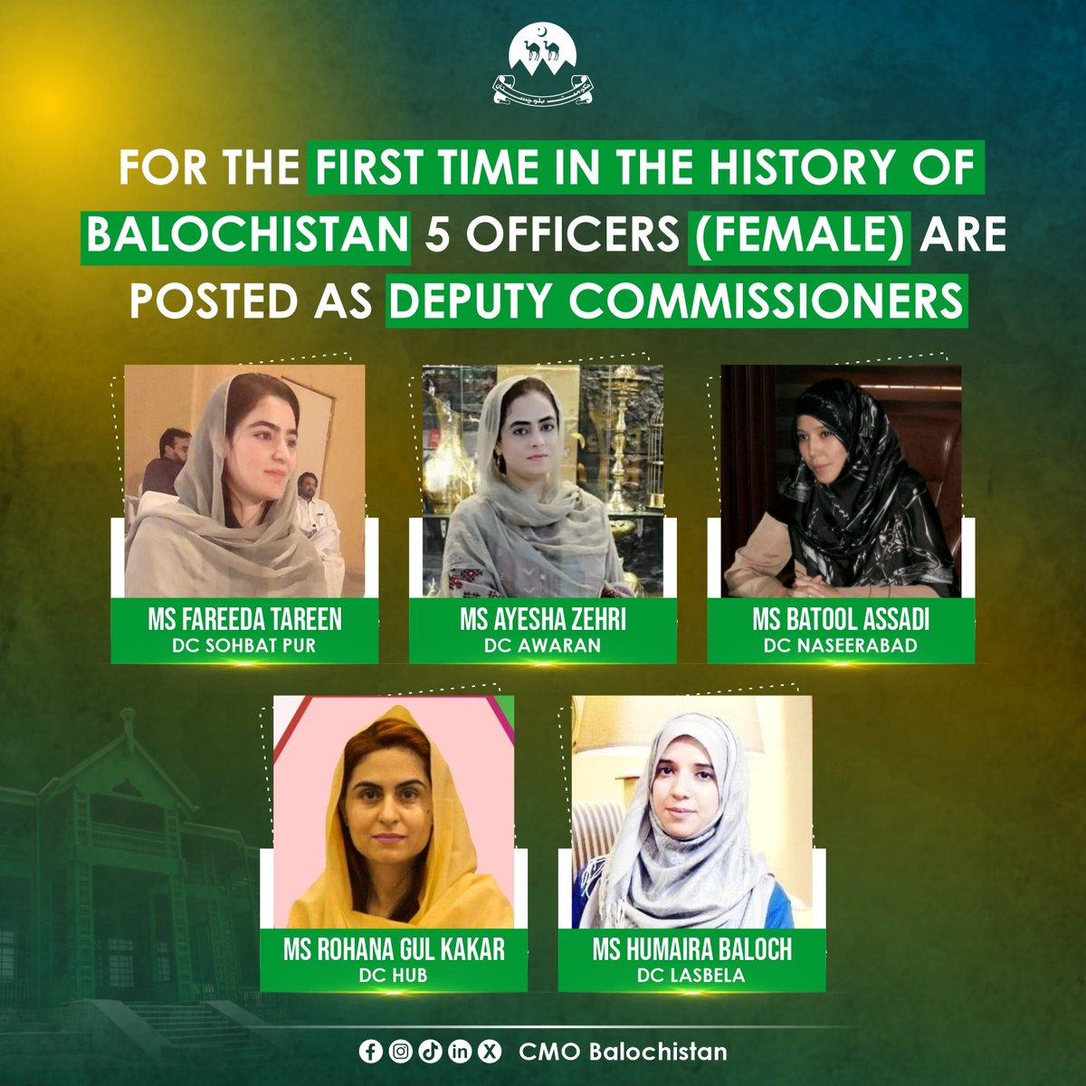 Pioneering progress! Balochistan celebrates a groundbreaking achievement as five exceptional women step into roles as Deputy Commissioners across diverse districts. A pivotal moment for inclusivity and advancement in governance. #CMSarfarazBugti @PakSarfrazbugti