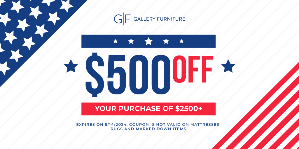 Ready for a shopping spree? Score MASSIVE savings with $500 OFF when you spend $2,500 or more at GF! Hurry, claim your coupon at galleryfurniture.biz/3PfR9cR before offer ends on Tuesday, May 14, 2024 at 10PM CST! *Exclusions apply.