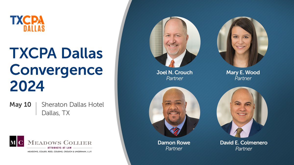 Four Firm Partners are speaking at the @TXCPADallas Convergence 2024 conference on Friday, May 10, 2024 at the Sheraton Dallas Hotel in Dallas, TX.

Click here for more information and to register: tx.cpa/dallas/events/…

@TXCPAs #Convergence2024 #conference #speaking