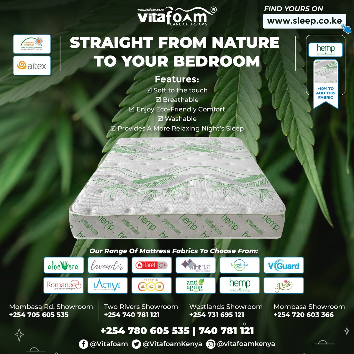 🌟🍃🙋‍♀️😌💫#SleepBetter With Our Hemp Infused Sleep Fabrics Exclusively Available From #VitaFoamKenya® 💫😌🍃🙋‍♂️🌟 ☎ For All Your *Mattress, *Pillow, *Bed & *Sleep Accessory & Fabric Enquiries, Orders & Deliveries: 0740 781 121 | 780 605 535 📍 Locations: bit.ly/30VqOrf