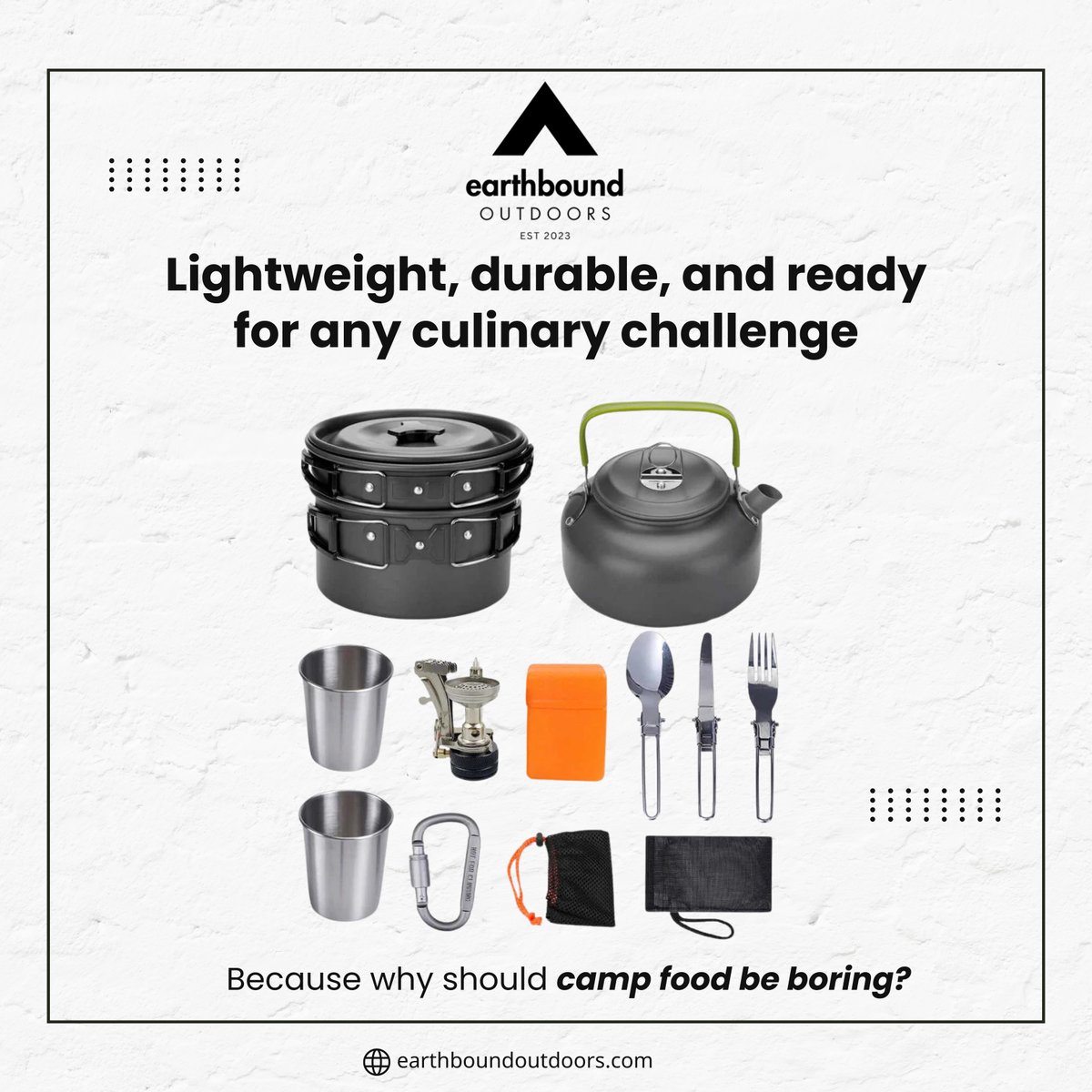 Turn the great outdoors into your own gourmet kitchen! 🍳🌲 Our Portable Camping Cookware Kit has everything you need to whip up delicious meals wherever adventure takes you. Lightweight, durable, and ready for any culinary challenge — because why should camp food be boring?