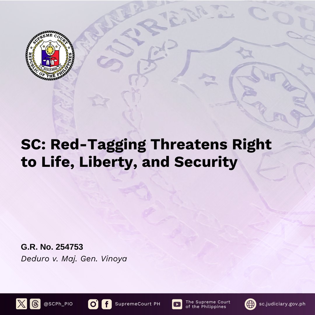 The Supreme Court has declared that red-tagging, vilification, labelling, and guilt by association threaten a person’s right to life, liberty, or security, which may justify the issuance of a writ of amparo. #SupremeCourtPH

READ: sc.judiciary.gov.ph/sc-red-tagging…