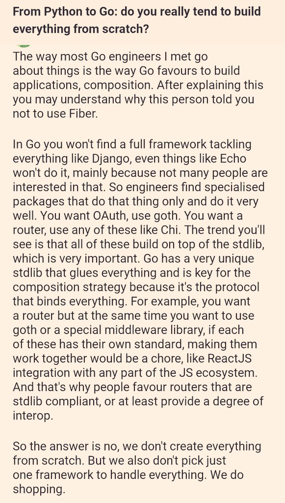 Nice reply to the question: 

👉 Do Go Developers really tend to build everything from scratch?

#golang #programming