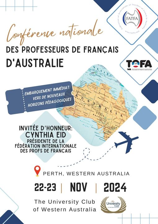 The Federation of the Associations of Teachers of French in Australia (FATFA) and the WA Teachers of French Association (TOFA) will be holding their annual conference in Perth, November 22-23. More info on how to attend and submit a proposal: australiansocietyforfrenchstudies.com/2024/05/08/fat…