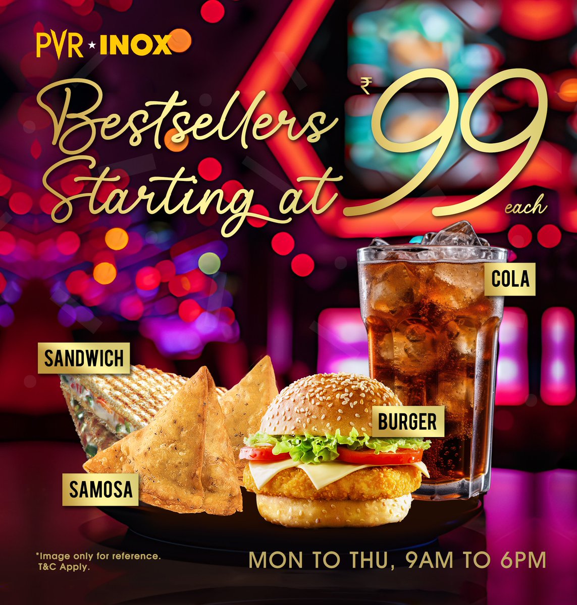 Savor the flavors of the week with our mouthwatering offer! Dive into our delectable delights for only ₹99, valid Monday to Thursday from 9:00 a.m. to 6:00 p.m. 🍔🥤

Head to your nearest #PVRINOX now! 
.
. 
. 
*T&C Apply

#TastyDelights #PVRTreats #Samosa #Cola #Burger #Offer