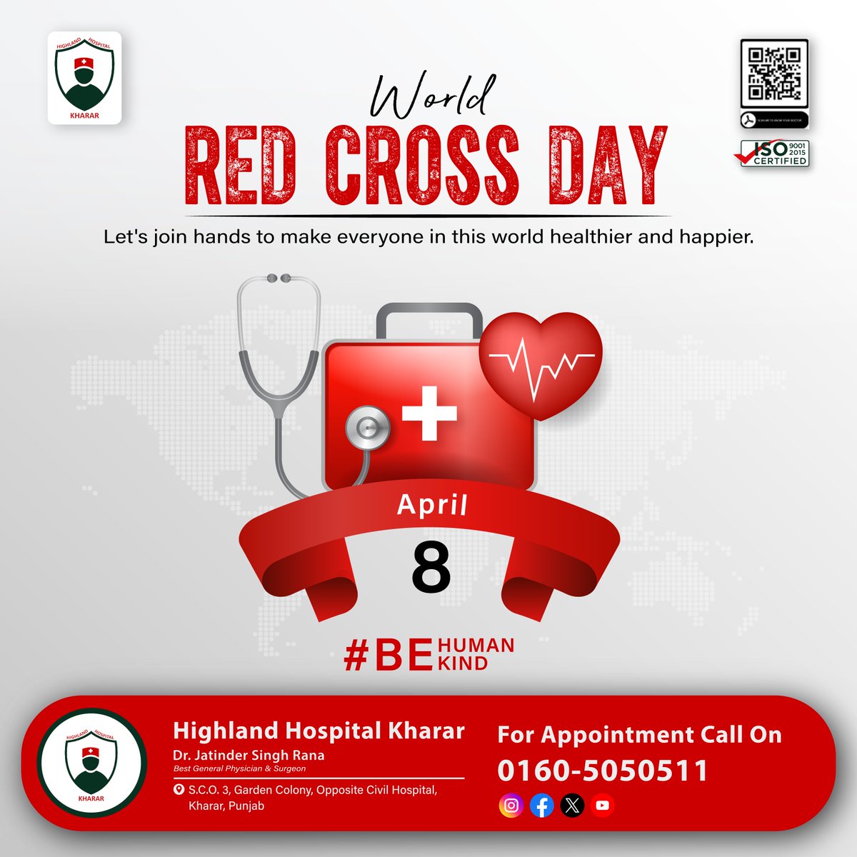 On this #WorldRedCrossDay, let's honor the spirit of humanity that binds us all. At #HighlandHospitalKharar, we stand with the Red Cross in their mission to alleviate #human_suffering. 
.
#health #Kharar #Mohali #DrJatinderSingh #Besthospital #MedicalSupport #HealthAwareness
