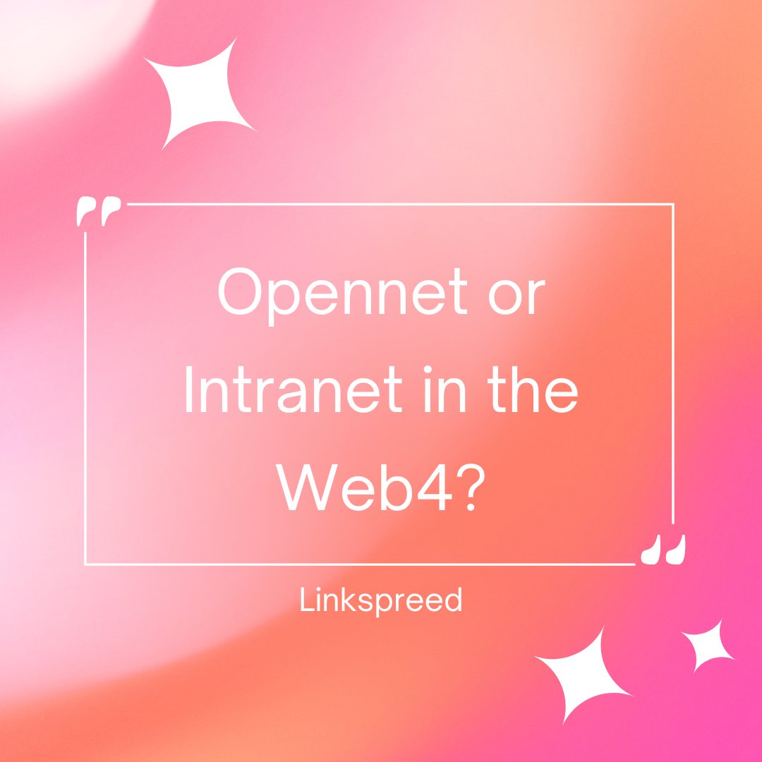 🌐 Web4 is revolutionizing the internet! 🚀 Now you can choose between Intranets (closed communities) and Opennets (open platforms) - all with the same software! 💻 Learn more at web4.linkspreed.com #Web4 #Internet #Intranet #Opennet 🌐