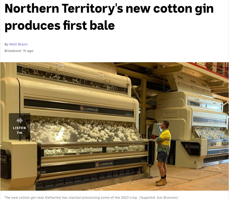 Spoke to @BrosnanSue today about the new cotton gin near Katherine producing its first bale Have a listen 🎧 abc.net.au/listen/program…