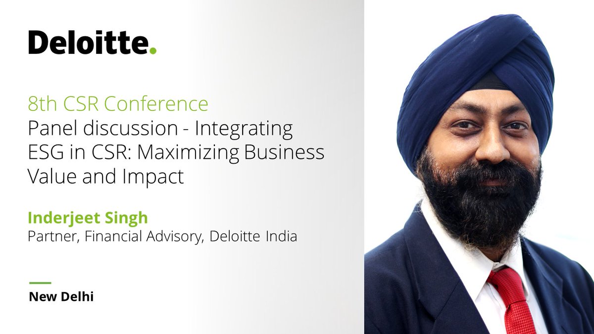 Inderjeet Singh, Partner, Financial Advisory, Deloitte India, will be participating in an insightful panel discussion titled 'Integrating ESG in CSR: Maximizing Business Value and Impact' at the '8th CSR Conference' organised by AMCHAM India.

Watch this space to learn more.
