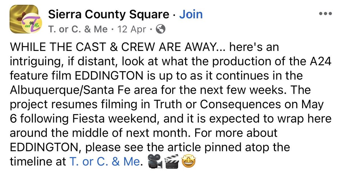Curious about status on Eddington which Austin Butler & other cast (we at least think) are filming so quietly for Ari Aster. 
Found no mainstream news so went down rabbit hole attribution to FB re: filming:  
Back in T-or-C, NM as of 5-6-24, w/ plans to wrap around mid-May 2024.