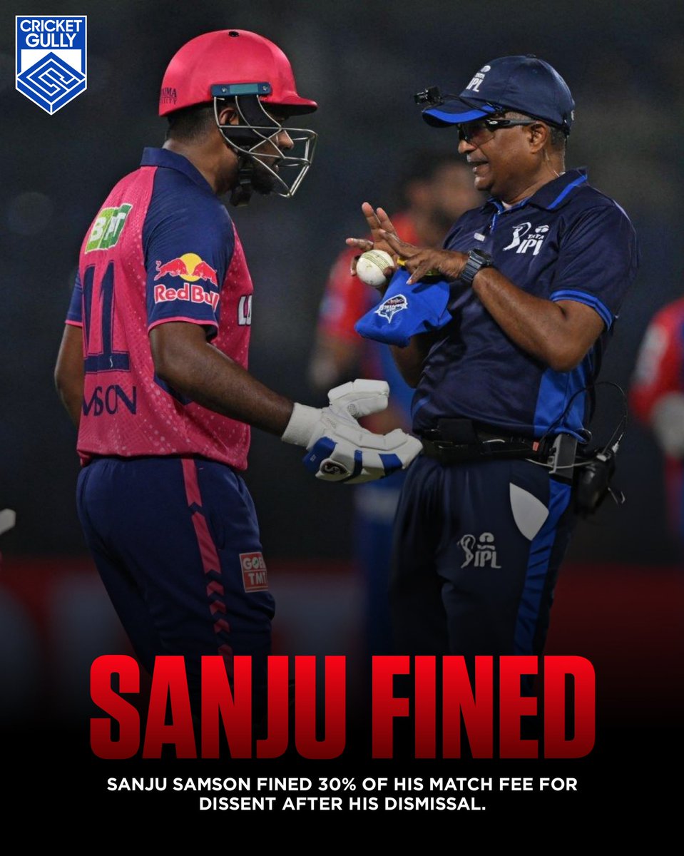 🚨 Sanju Samson fined for expressing frustration over his dismissal in the IPL match.
