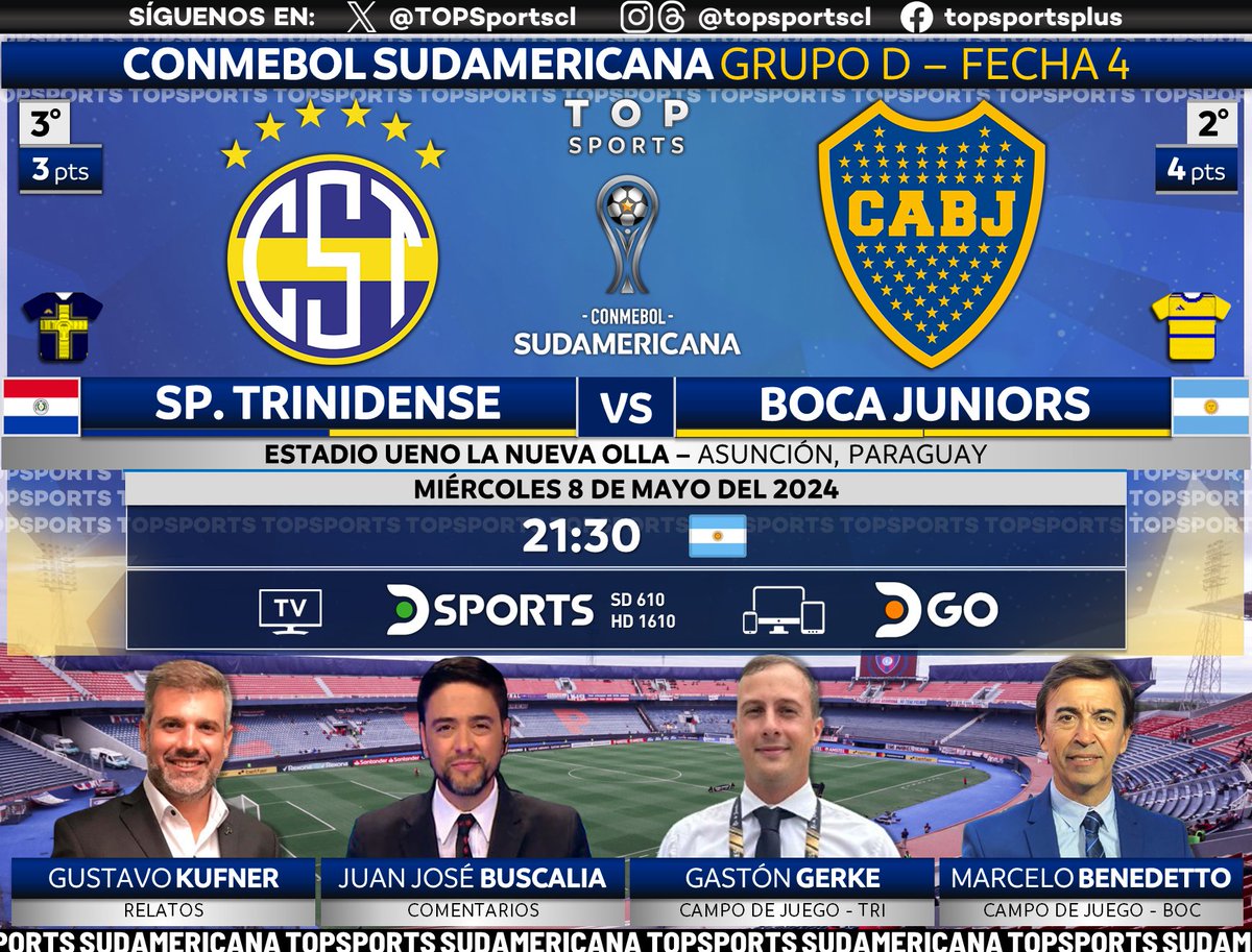 CONMEBOL #Sudamericana 🏆 Grupo D, Fecha 4 🇵🇾 #SportivoTrinidense - #BocaJuniors 🇦🇷 🎙️ @GustavoKuffner 🗣️ @jbuscalia 🏟️ @gasgerke y @m_benedetto #⃣ #SudamericanaEnDSPORTS - #LaGranConquista 🖥️ @DSports (610-1610) 🇦🇷 📱💻 @DGO_Latam 🇦🇷 🔃❤️