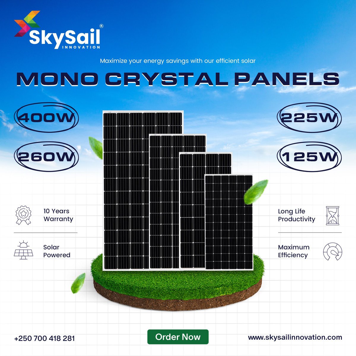 Take your energy savings to the next level with our efficient Mono crystal Solar Panels! ☀️ Whether it's 125W, 225W, 260W, or 400W, SkySail Innovation has you covered. Say hello to sustainable living and goodbye to hefty bills! #SkySailInnovation #SolarPower #EnergyEfficiency