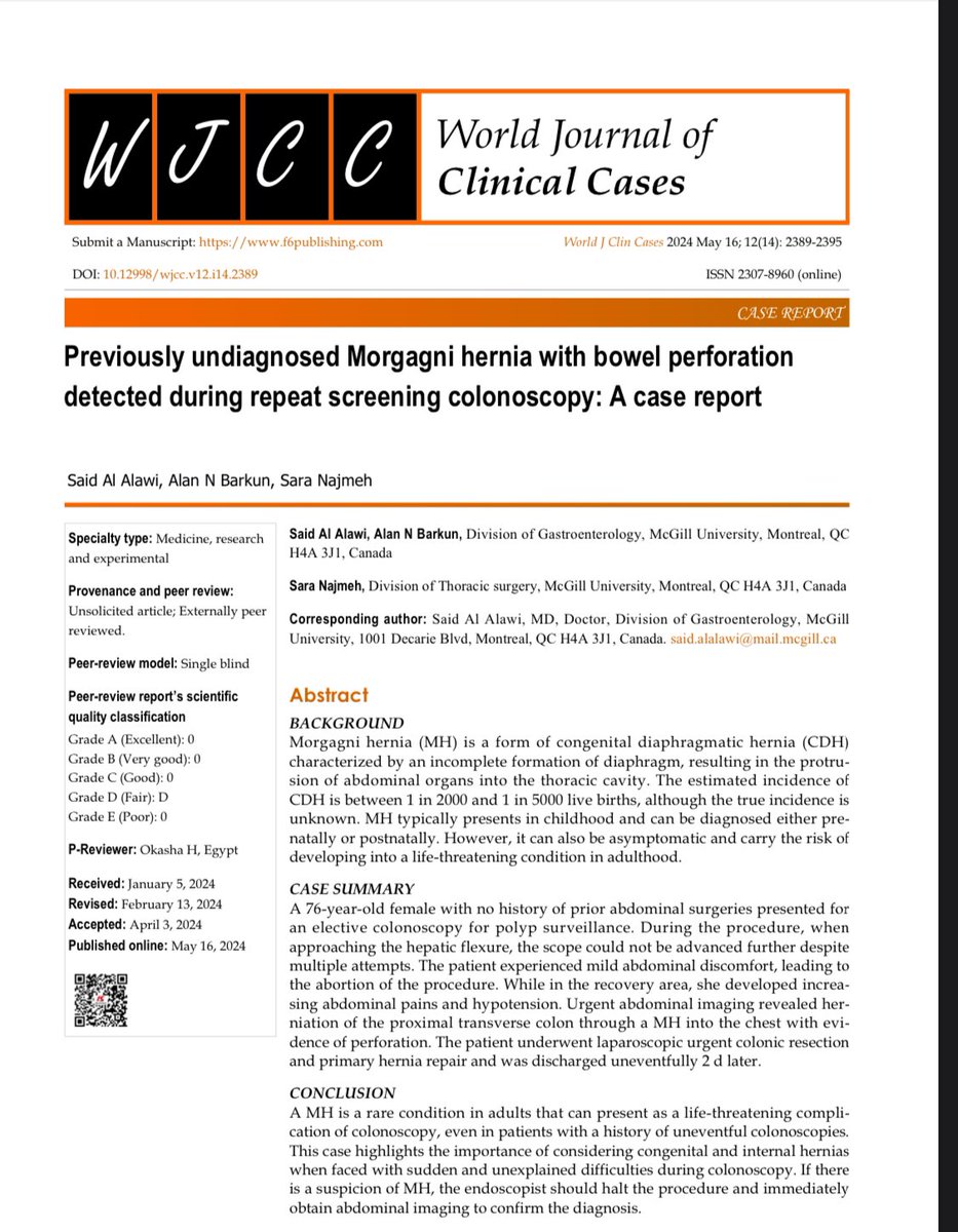 Said Al Alawi (@said_ghasib) on Twitter photo Thrilled to share our newly published case report: Previously undiagnosed Morgagni hernia with bowel perforation detected during repeat screening colonoscopy: A case report.
Thanks for the great mentor and supervisor <a href="/alan_barkun/">Alan Barkun</a>
<a href="/McGillGI/">McGill Division of Gastroenterology and Hepatology</a> Thrilled to share our newly published case report: Previously undiagnosed Morgagni hernia with bowel perforation detected during repeat screening colonoscopy: A case report.
Thanks for the great mentor and supervisor <a href="/alan_barkun/">Alan Barkun</a>
<a href="/McGillGI/">McGill Division of Gastroenterology and Hepatology</a>