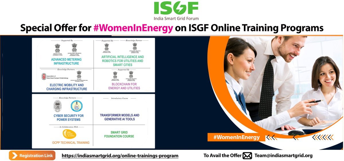 ISGF Extends Special Offer for #WomenInEnergy | Org.'s with Diversity & Inclusivity Outperform the org.'s without it. To have more #WomenWorkforce trained, ISGF is pleased to extend 50% discount to #WomenInEnergy for its Training Programs | Email: Team@indiasmartgrid.org