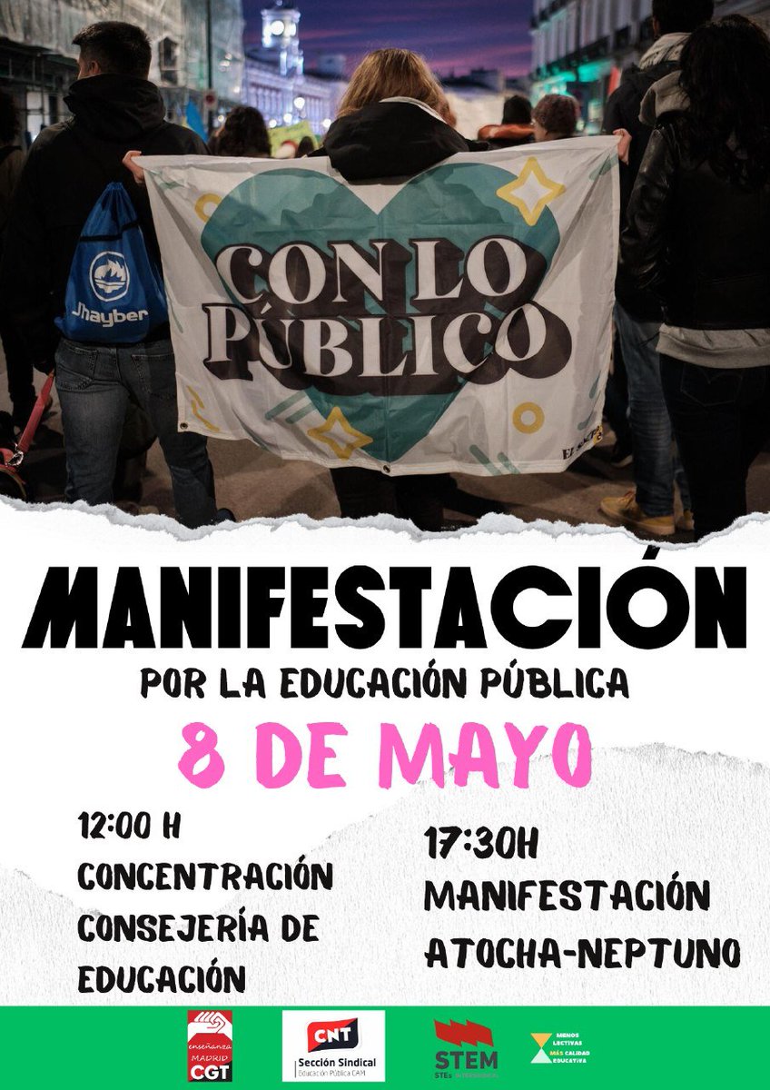 ENSEÑANZA | Hoy todo nuestro apoyo con la #Huelga de Enseñanza #Madrid 

👉Bajada a 18/23h lectivas
👉Reducción de ratios
👉Atención a la diversidad
👉Contra la segregación
👉Recuperación poder adquisitivo

#VoyAlaHuelga
#DocentesEnAcción
#DefendiendoLaPública

@CGTMadrideduc