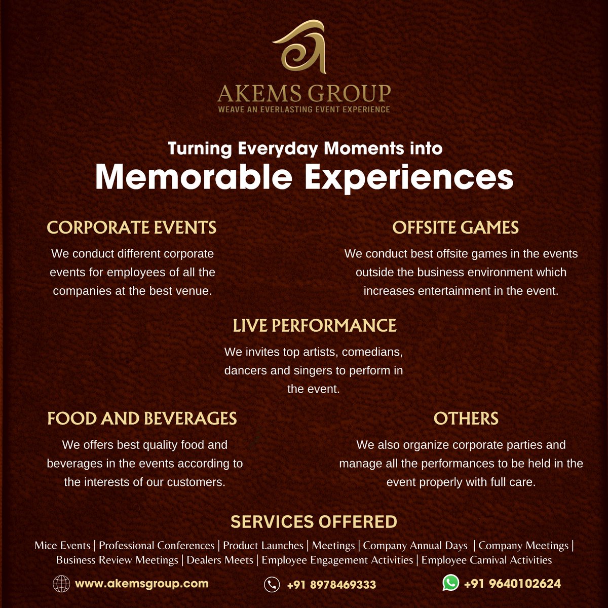 At Akems Group, we specialize in turning everyday moments into cherished memories and unforgettable experiences! 🎉✨ 

#AkemsGroup #MemorableMoments #EventExperiences #EventManagement #UnforgettableExperiences #EventPlanning #CorporateEvents #Celebrations #EventExcellence