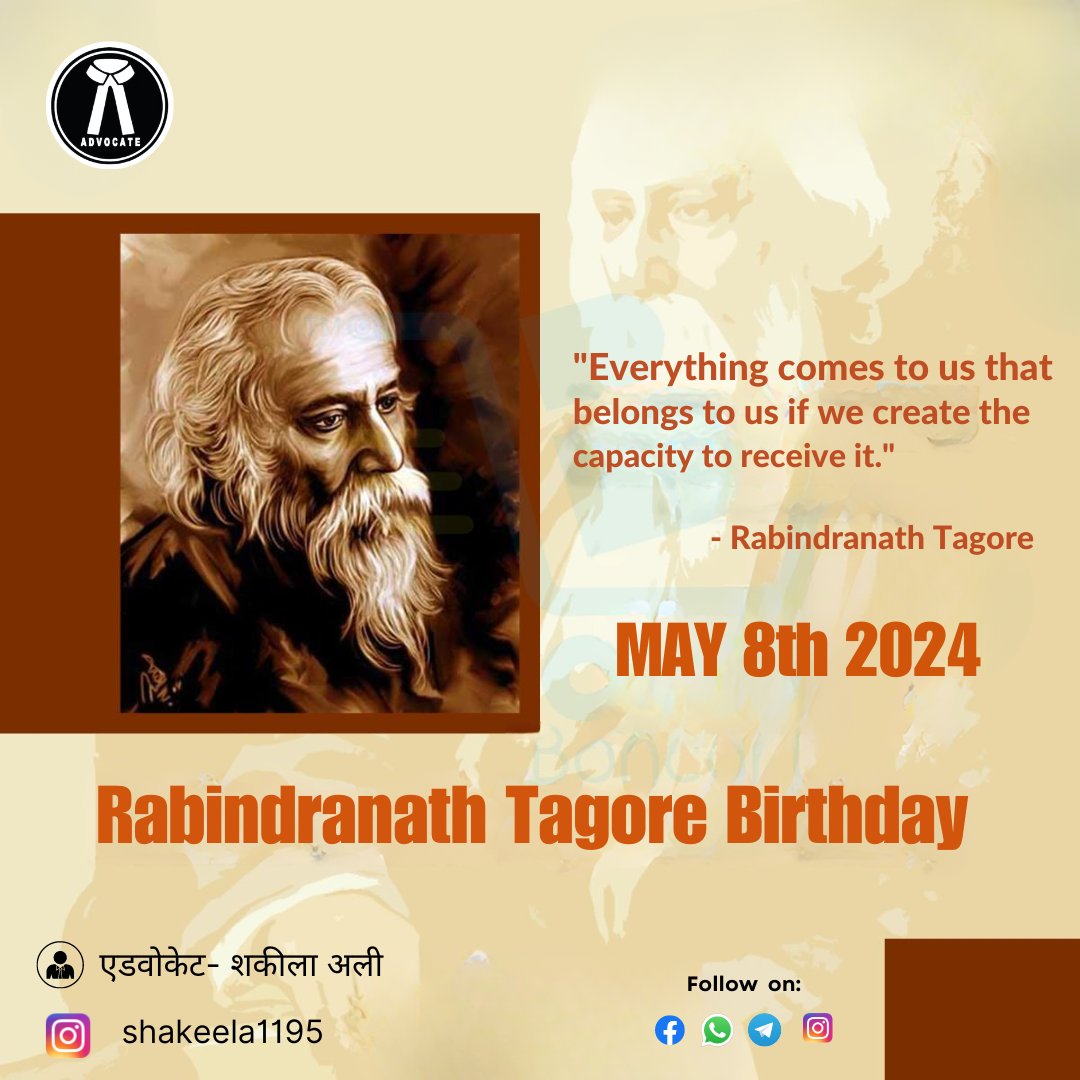 Happy birthday to Rabindranath Tagore, whose poetry transcends time and speaks to the soul. May your legacy forever illuminate our hearts.💫

#AdvocateForChange
#VoiceOfJustice
#AdvocacyWorks
#EmpowermentThroughAdvocacy
#StandUpSpeakOut
#AdvocateForEquality