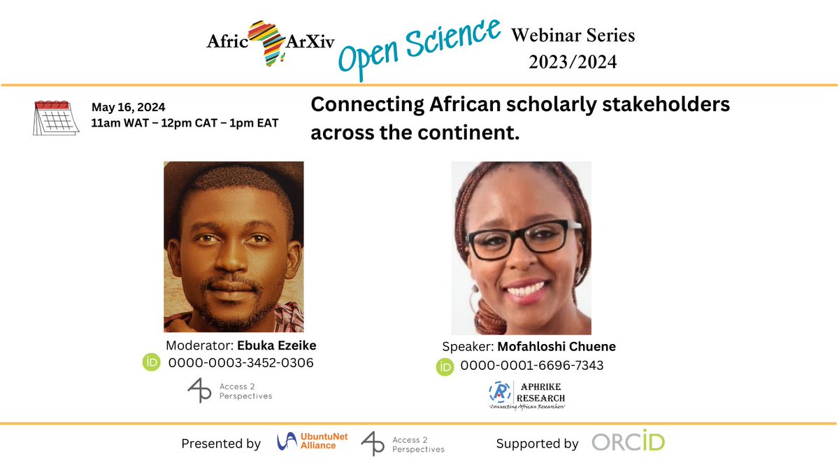 Join our webinar session on Thursday, May 16th, 2024 at 11 am WAT – 12 pm CAT – 1 pm EAT. This session will feature Mofahloshi Chuene of Aphrike Research. Register here: ubuntunet.zoom.us/webinar/regist…