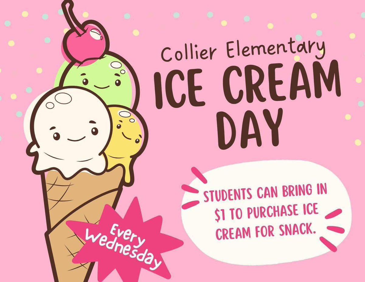 Tomorrow is ice cream day! Every Wednesday students can bring in $1 to purchase ice cream for snack. Ice cream money cannot be dropped off in the office for students who forget to pack it in their book bag. #BeeTheImpact #AimForExcellence #LearningLeading #TeamMCPSS